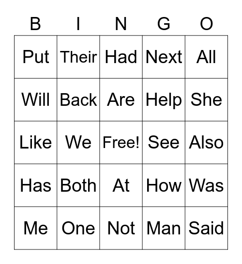 Sight Words Bingo Card