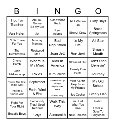 Back to School Rock N' Roll Bingo Card