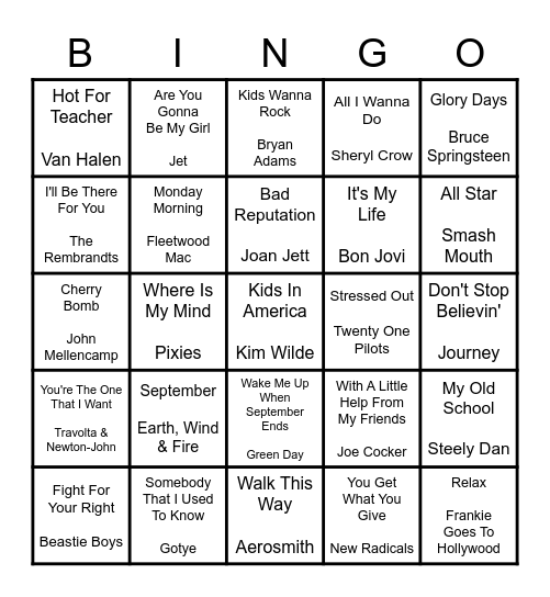 Back to School Rock N' Roll Bingo Card