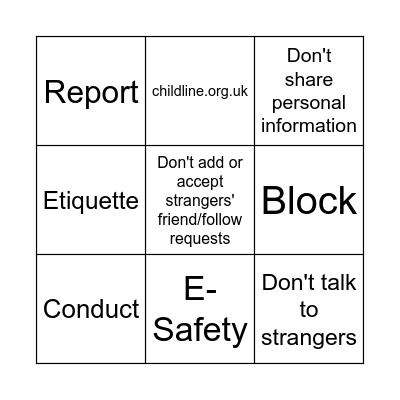 Year 7 E-Safety Bingo Card