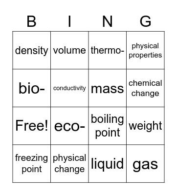 Physical Properties Vocabulary Bingo Card