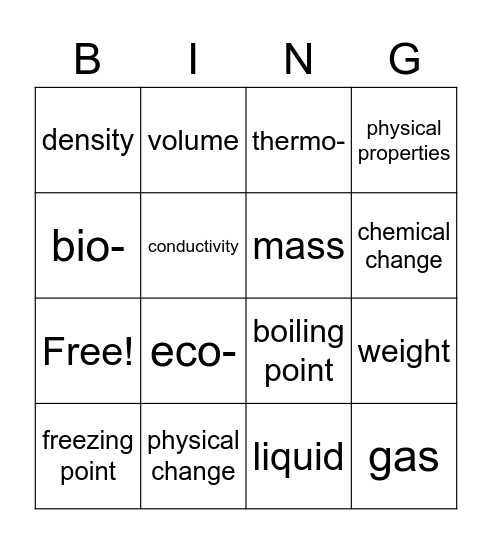 Physical Properties Vocabulary Bingo Card
