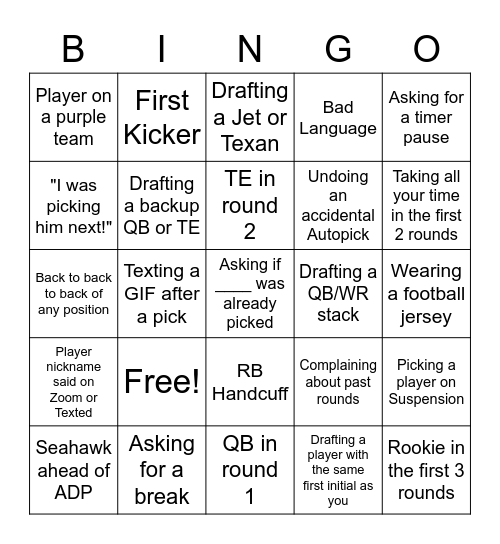 Fantasy Football Draft Day Bingo Card