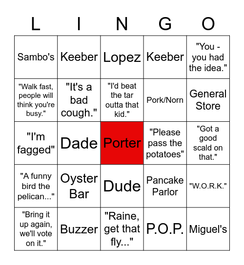 Porter Lingo Bingo Card
