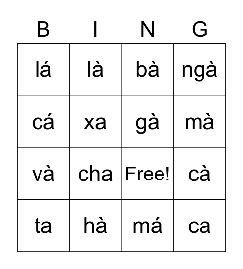 Từ có âm "a" Bingo Card