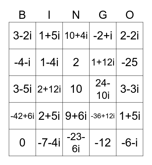 Complex Numbers Review Game Bingo Card