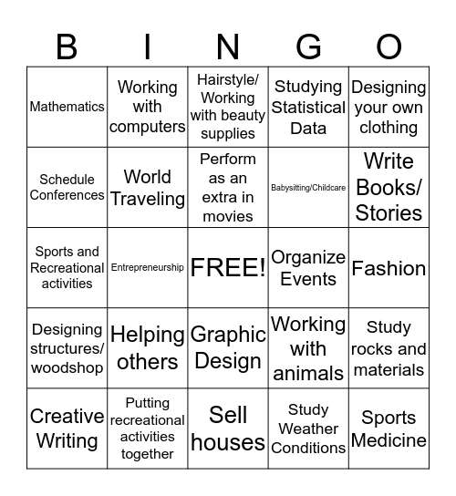 Interest Bingo  Bingo Card