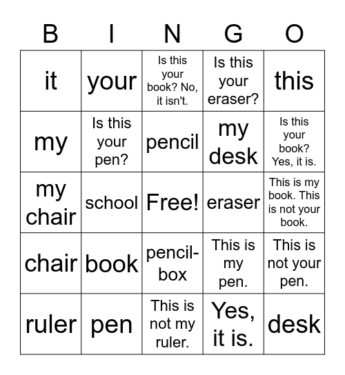 VanThink English 1A Lesson 1 Bingo Card