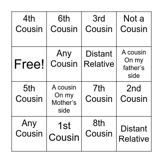 Relatives Around Me Bingo Card