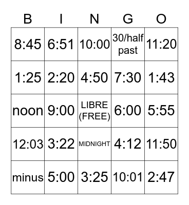 SPANISH TIME TELLING Bingo Card