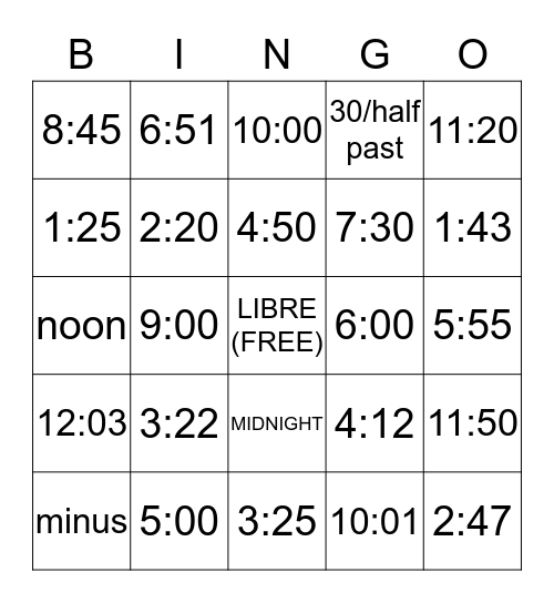 SPANISH TIME TELLING Bingo Card