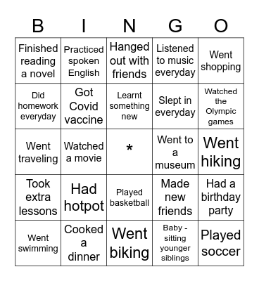 Summer break activities Bingo Card