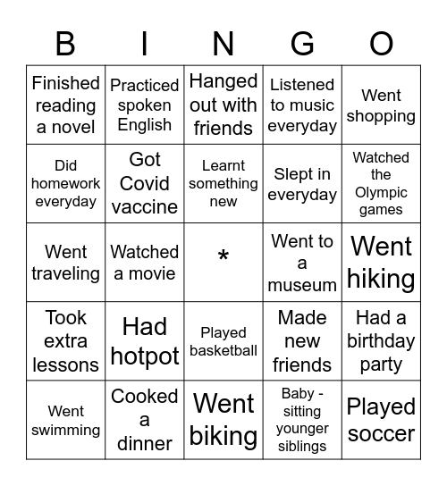 Summer break activities Bingo Card