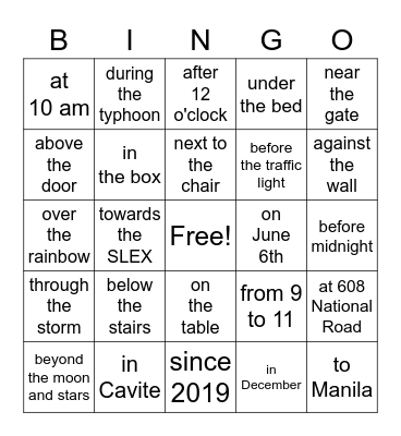 prepositions of time, place, movement Bingo Card