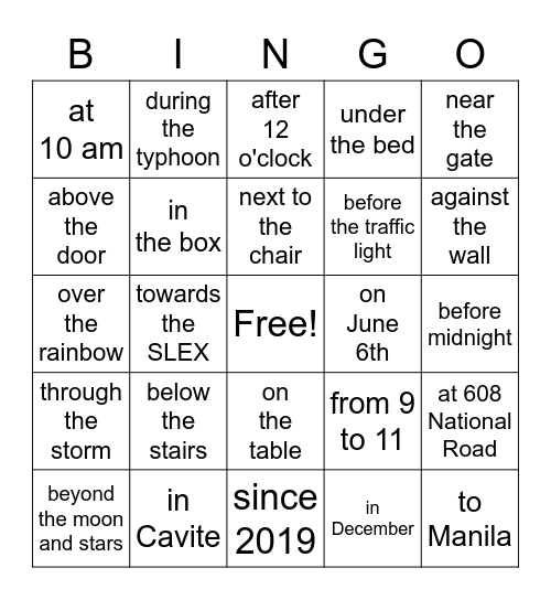 prepositions of time, place, movement Bingo Card