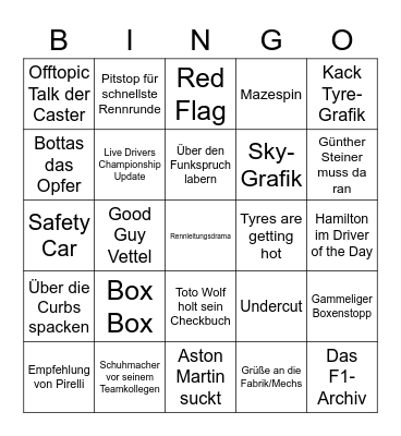 Formel 1 BIngo Deutsch Special Bingo Card