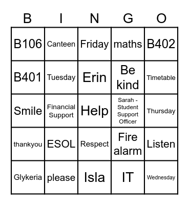 College Key Words Bingo Card