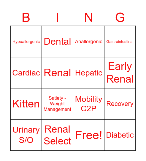 Royal Canin Diet Bingo Card