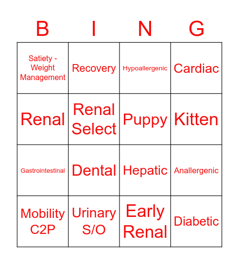 Royal Canin Diet Bingo Card