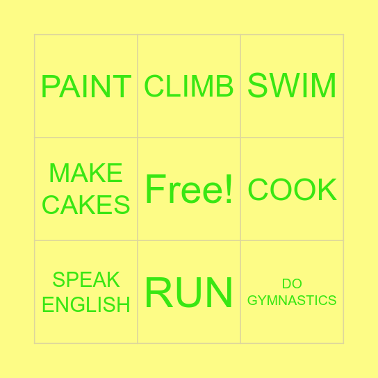 Activities Bingo Card