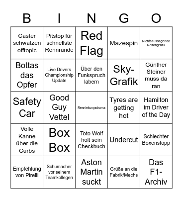 Formel1 Bingo Spezial Bingo Card