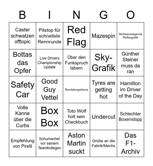 Formel1 Bingo Spezial Bingo Card