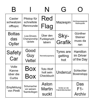 Formel 1 Bingo Spezial Bingo Card