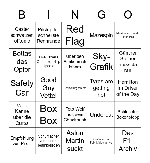 Formel 1 Bingo Spezial Bingo Card