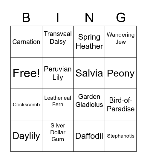 Flower Identification Bingo Card