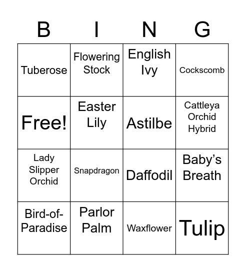 Flower Identification Bingo Card