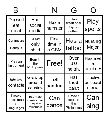 Get To Know Me Bingo Card