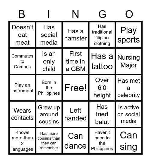 Get To Know Me Bingo Card
