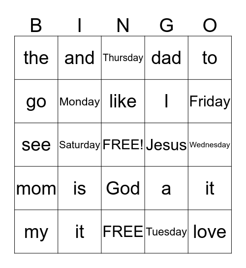 Sight Word Bingo Card