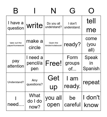 Spanish 3 classroom commands Bingo Card