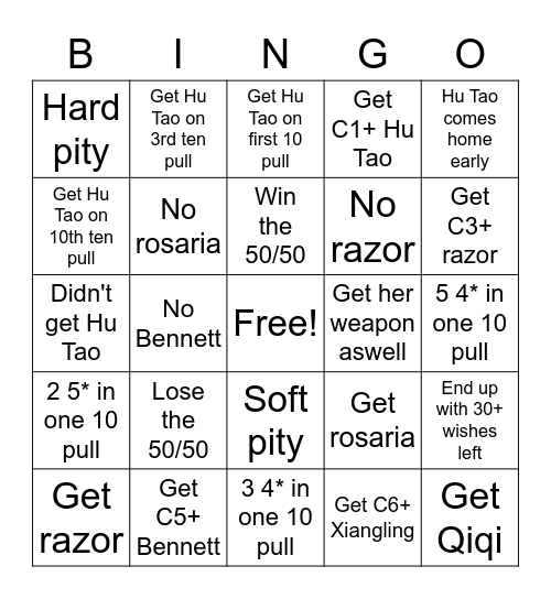 Hu Tao Bingo Card