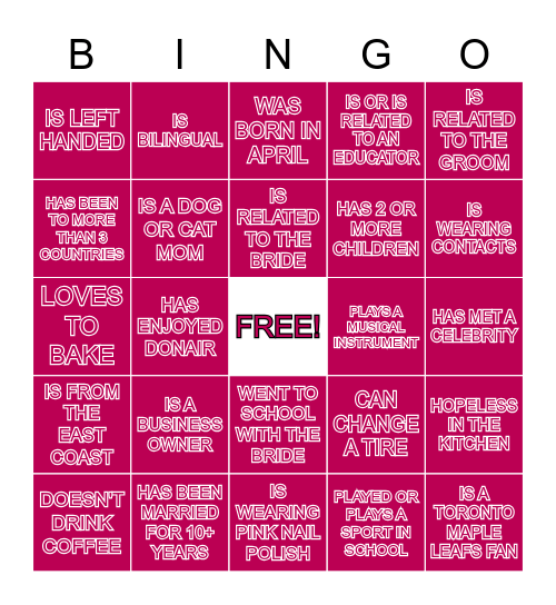 Bridal Shower BINGO Card