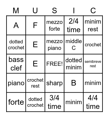 Beginner Music Theory Bingo Card