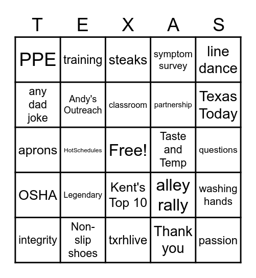 Texas Roadhouse Orientation Bingo!! Bingo Card