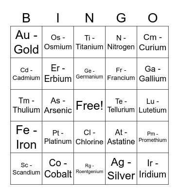 Periodic Table Bingo Card
