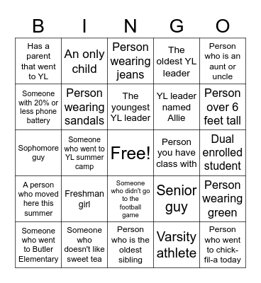 Younglife Bingo Card