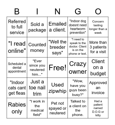 Vet Tech Bingo Card