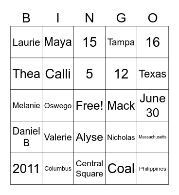 Ya-Ya Bingo Card