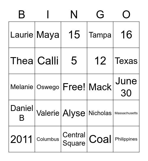 Ya-Ya Bingo Card