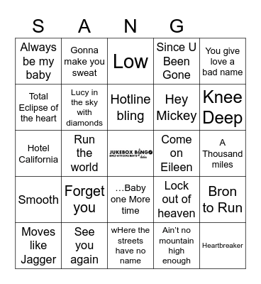 JUKEBOX BINGO SANG 090621 Bingo Card