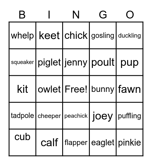 Baby Animal Bingo Card