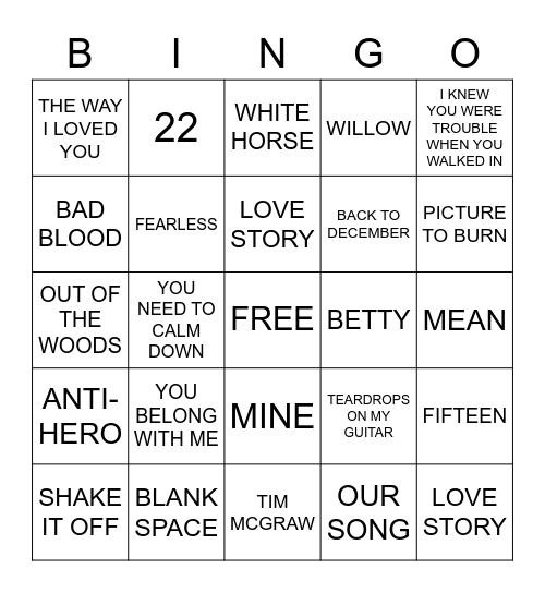 TAYLOR'S VERSION Bingo Card