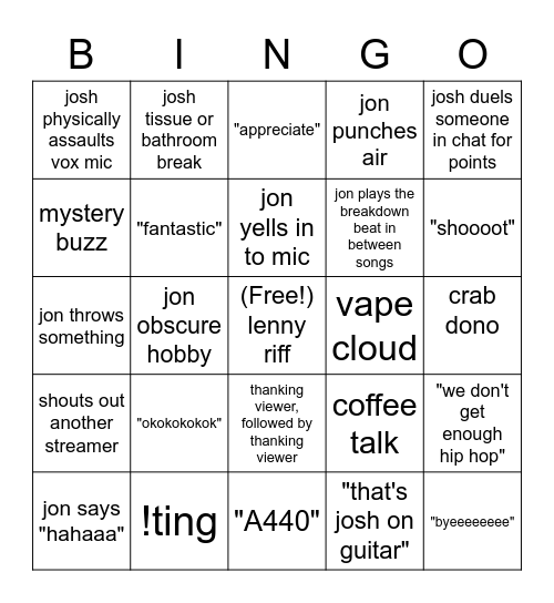 jon and josh Bingo Card