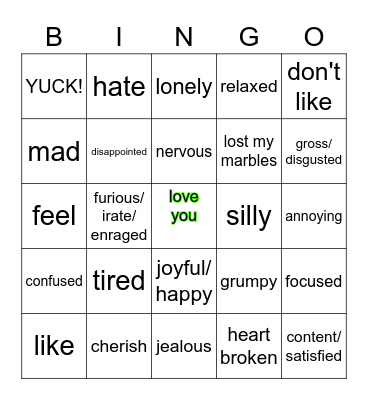 ASL Emotion Signs Bingo Card