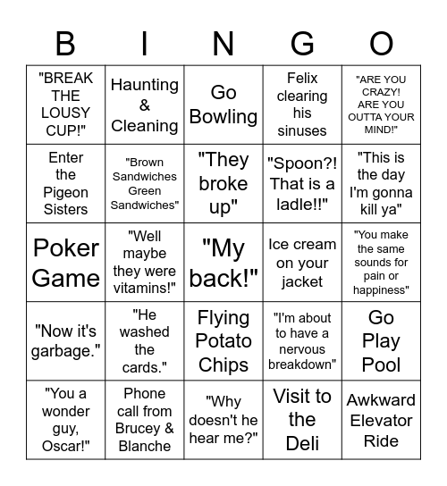 The Odd Couple Bingo Card
