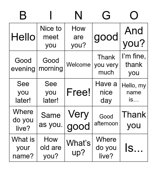 Greetings and Introduction Bingo Card